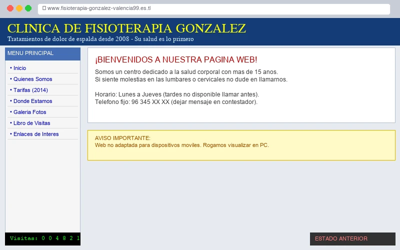 Captura antes del rediseño: clínica de fisioterapia con diseño anticuado y texto poco legible