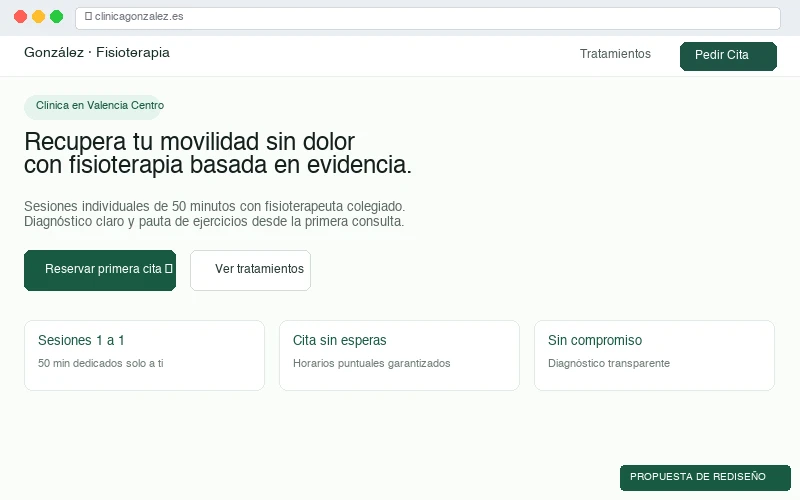 Captura después del rediseño: clínica de fisioterapia con tipografía limpia, adaptada a móvil y botón de cita directa