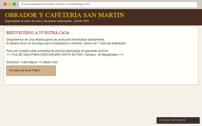 Captura antes del rediseño: cafetería con fondo marrón oscuro y descarga de PDF pesado