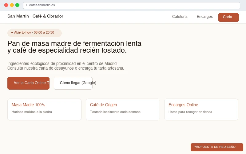 Captura después del rediseño: cafetería con carta visual rápida, horarios de apertura y ubicación clara